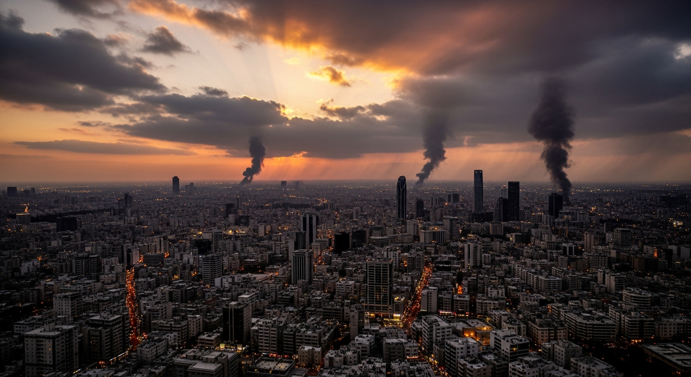 Middle Eastern city with smoke rising